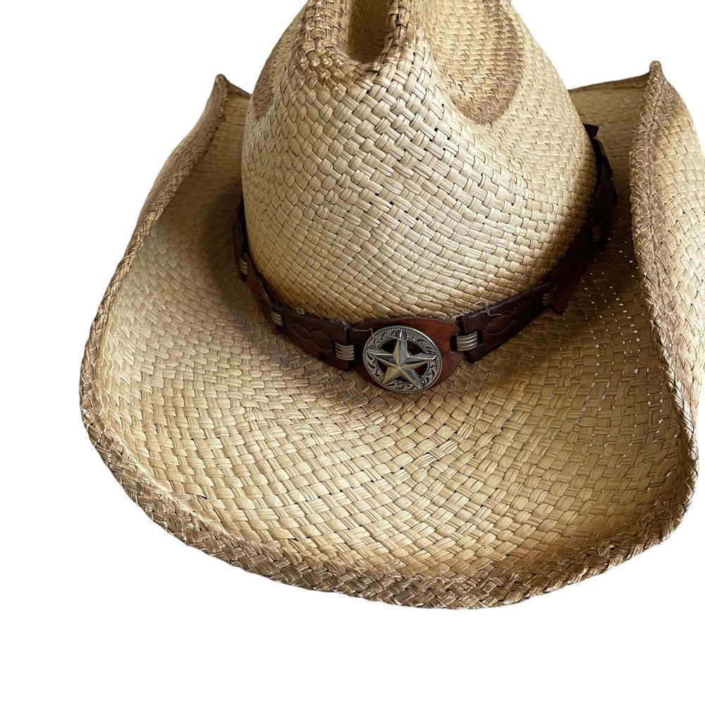 (SOLD) BULLHIDE Tan Woven Straw Western Cowboy Hat L - Picture 3 of 15